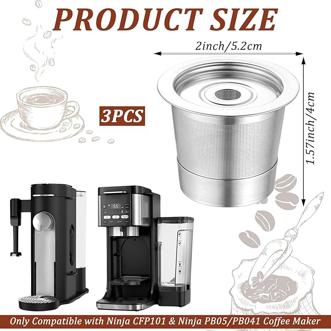 3 Pack Reusable K Cups and Coffee Pods for Ninja Coffee Maker PB051 & CFP101/PB041, 304 Stainless Steel Reusable K Pod Permanent K Cups Filters Compatible with Ninja Coffee Maker,Coffee Accessories