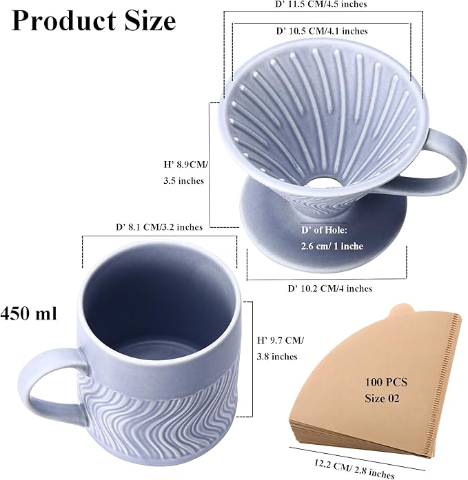Pour Over Coffee Maker with 100 Sheets of Paper Filter, 15 oz Ceramic Coffee Mug & Ceramic Coffee Dripper, 1 Cup-Single brew coffee set, Purple