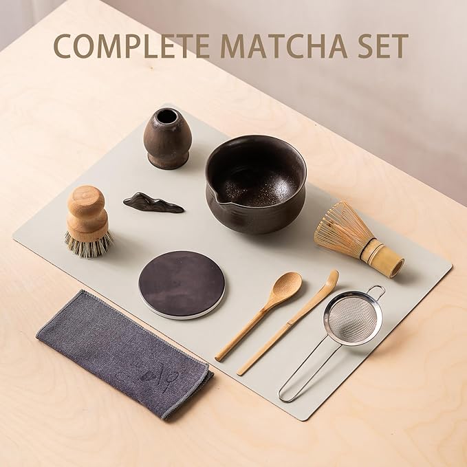 Matcha Whisk Set, Matcha Bowl with Spout and Coaster, Matcha Whisk and Holder, Sifter, Scoop, Spoon, Cleaning Brush - 10 Pcs Complete Ceramic Matcha Kit