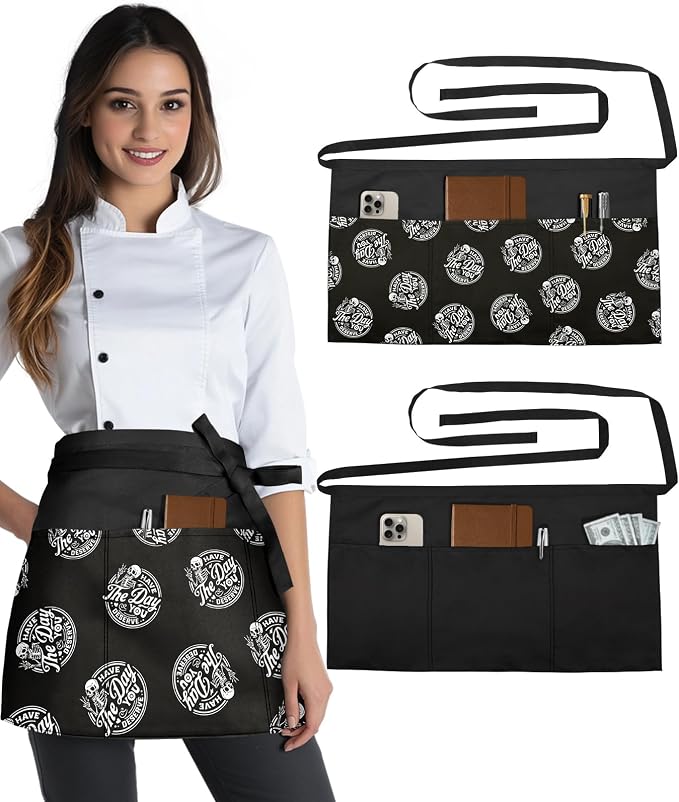 Slohif Reversible Server Apron 6 Pockets - Waist Apron for Waitress Women Half Serving Short Apron for Waiter by Slohif
