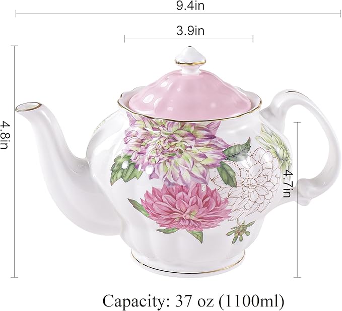 Bone China Teapot, English Teaset, Dahlia Floral Design with Golden Rim, 37 Oz