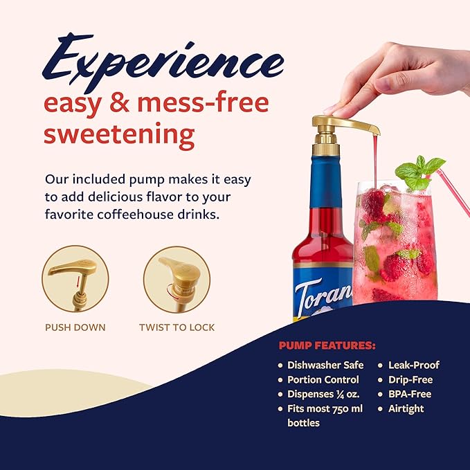 Torani Sugar Free Syrup, Cherry Flavored Syrup for Drinks, Zero Calorie, Glass Bottle with Pump Included, 25.4 Fl Oz