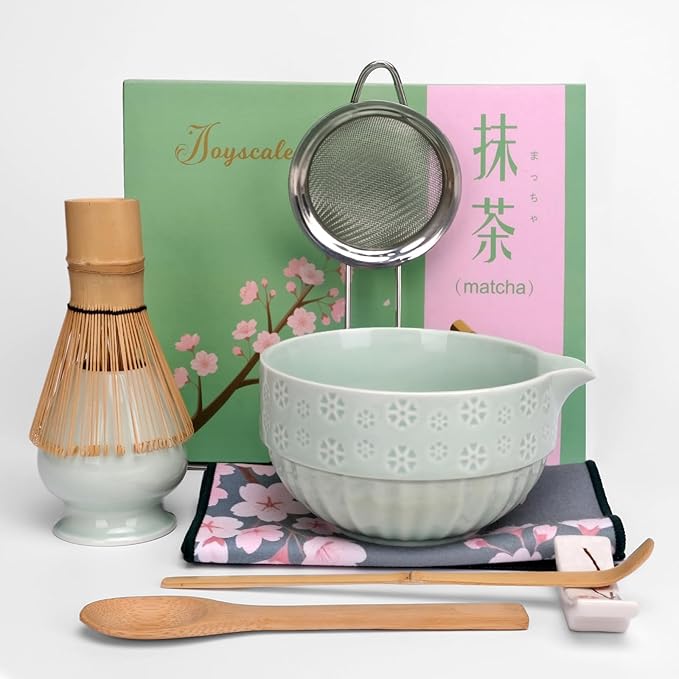 Joyscale Matcha Whisk Set, Matcha Set Whisk And Bowl, 8 Pcs Matcha Kit Set(Cherry Blossom Design), 18 OZ, Japanese Matcha Tea Set, Matcha Making Kit Gifts for Tea Lovers(Mint Green)
