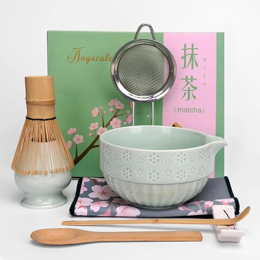 Joyscale Matcha Whisk Set, Matcha Set Whisk And Bowl, 8 Pcs Matcha Kit Set(Cherry Blossom Design), 18 OZ, Japanese Matcha Tea Set, Matcha Making Kit Gifts for Tea Lovers(Mint Green)