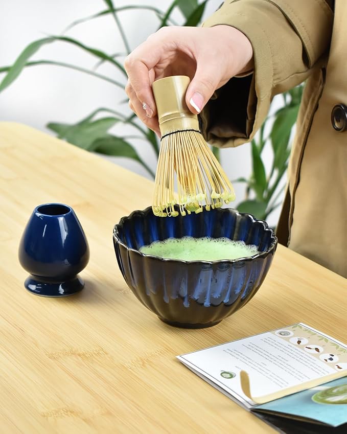 Artcome Matcha Tea Set - 17oz Petal-Shaped Matcha Bowl, Bamboo Whisk, Scoop, Whisk Holder & Brewing Guide - Japanese Tea Ceremony Tools for a Perfect Matcha Experience, Dark Blue