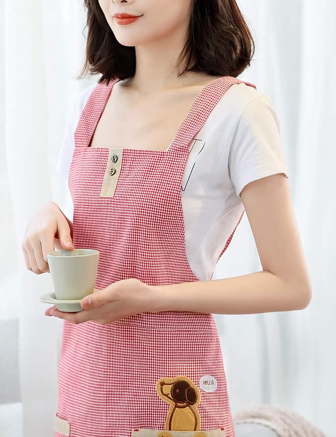 NEWGEM 100% Cotton Cute Gingham Apron with Pockets - Korean Style H-Back Pinafore for Women Baking, Pastry Chef (Pink Doggy) - Image 3