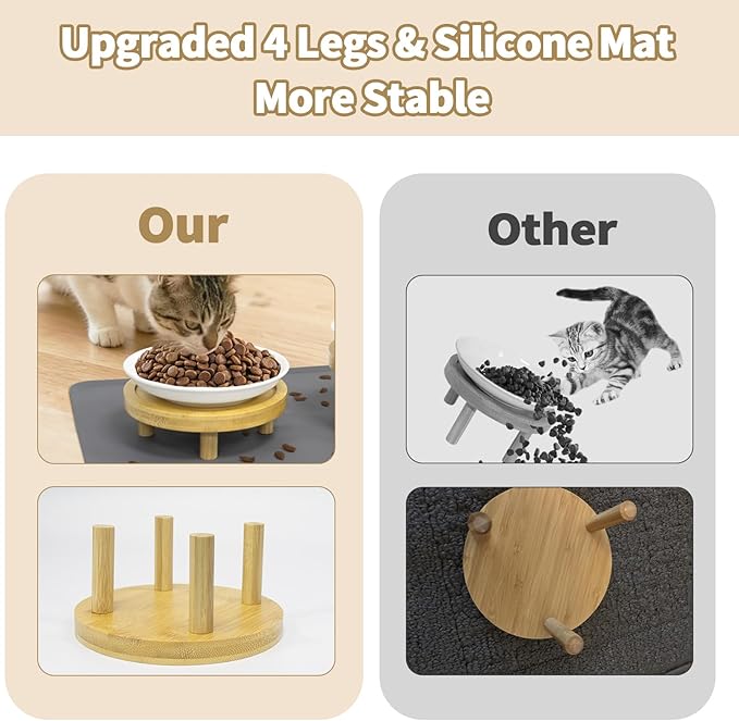 Upgraded Elevated Cat Bowls with Food Mat, Raised Ceramic Cat Dishes with Bamboo Stand, Shallow Wide Pet Feeding Bowls Whisker-Friendly for Food and Water, (Ceramic,Set of 2)