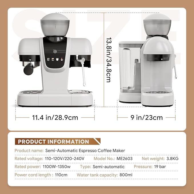 20 Bar Espresso Machine with Grinder & Steam Wand - Semi Automatic Coffee Maker, NTC Intelligent Temp Control, 58mm Stainless Steel Portafilter, One-Touch Panel for Home Barista (Removable Water Tank)