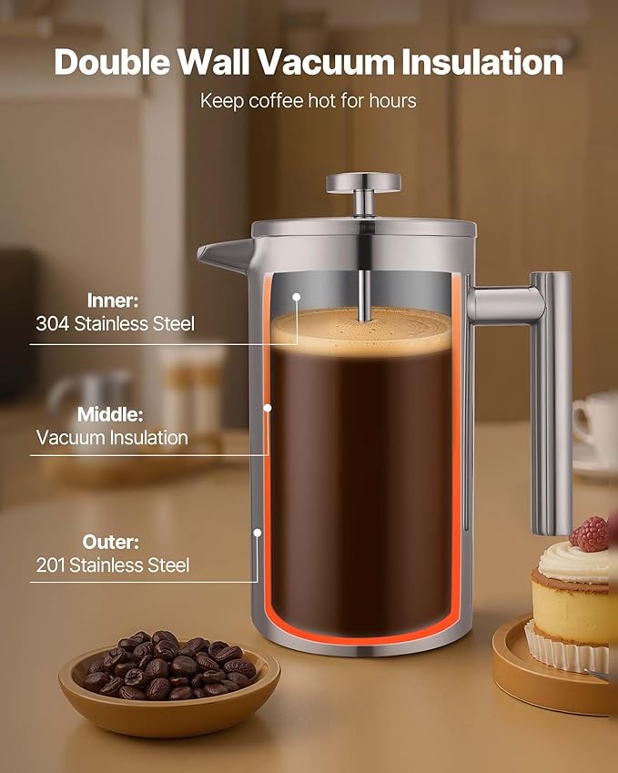 VEVOR French Press Coffee Maker, 34 Ounce 1 Liter Stainless Steel Coffee Press Tea Maker with Filter, Large Double Wall Insulated French Presses Cold Brew for Camping Travel Home Kitchen, Silver