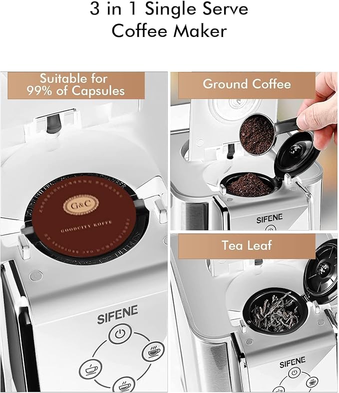 Single Serve Coffee Maker, 3-in-1 Pod, Ground Coffee & Loose Leaf Tea Brewer, Fast Brew White Coffee Machine with 1.5L Water Tank, Compact One Cup Coffee Maker for Home Office Travel