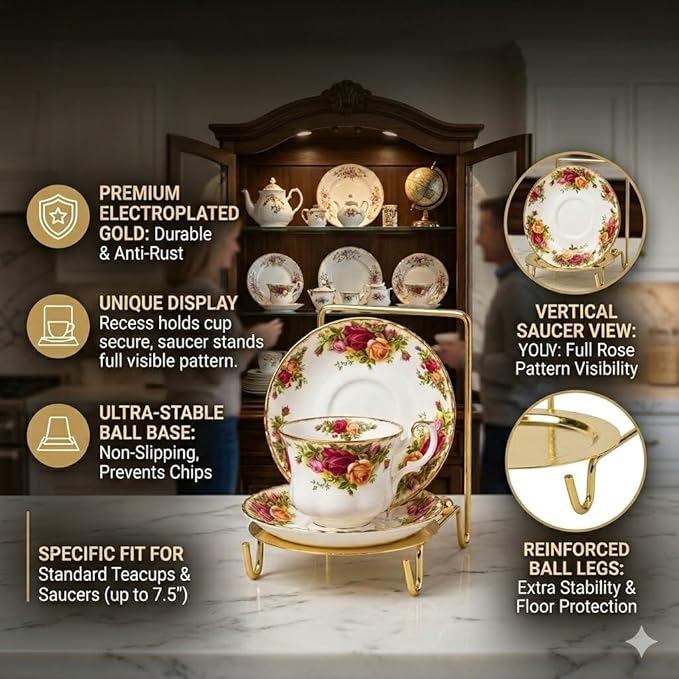 HOHIYA 6 Piece Cup and Saucer Display Stan Decorative Teacup and Coffee Mug Rack Organizer Gold Finish Compact Tabletop Display for China Tea Cups Plates and Dishware