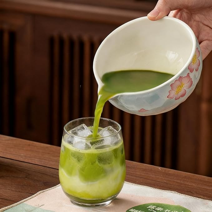 Clay&Fire Matcha Whisk Set，9 Pcs Ceramic Matcha Set, 15 OZ Matcha Bowl with Spout and Whisk，Matcha Kit for Friend, Ideal Gift for Matcha Lover（Cherry Bloom）