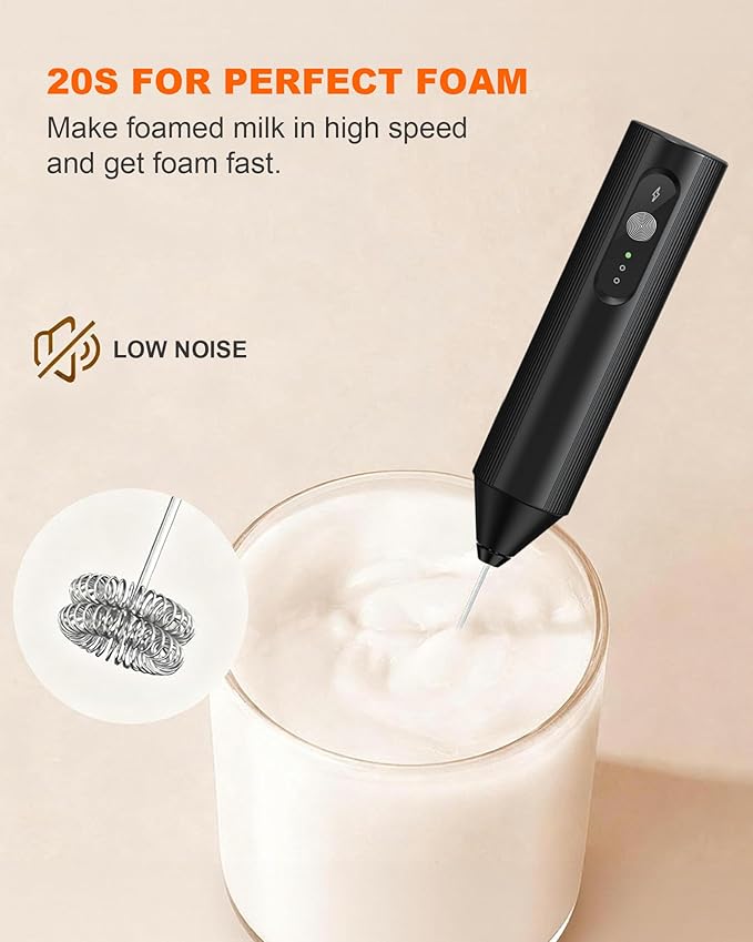 3-Speed Handheld Milk Frother with Cover, Rechargeable Electric Drink Mixer with Dual Coil Whisk - Portable Frother Wand for Coffee, Latte, Cappuccino, Hot Chocolate & Matcha, Black