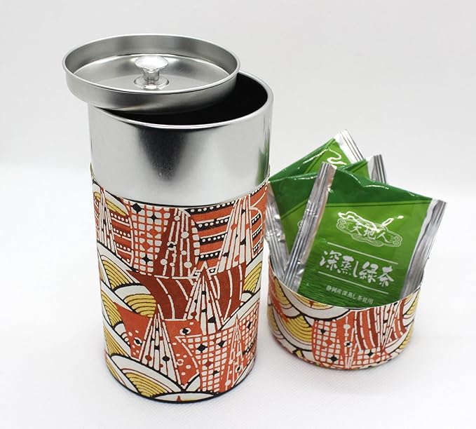 Japanese Pokkan Matcha Coffee Spice Tea Tin Canister Washi Paper Storage with Lid 7.05 oz Capacity (Modern Seigaiha)