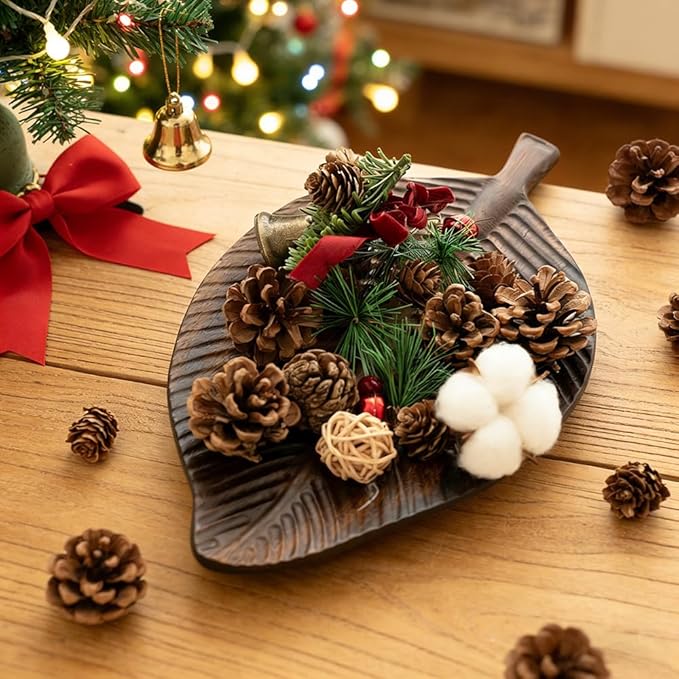 Acacia Wood Leaf Design Serving Tray - Decorative Wooden Platter for Charcuterie, Cheese, Fruit, Kitchen Table Decor