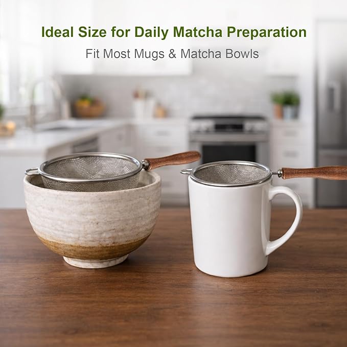 Matcha Sifter - Precision 30-Mesh Stainless Steel Fine Powder Strainer, 3-Inch Small Metal Sieve for Tea Ceremony & Cocoa, Hand Wash Recommended(Natural Wood Handle)