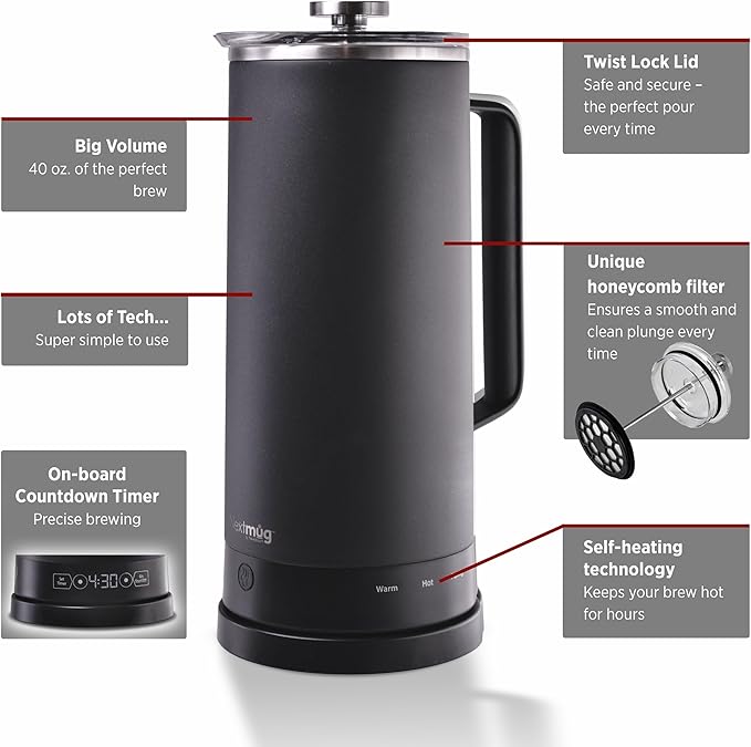 Nextmug Press - Temperature-Controlled, Self-Heating French Press (Black - 40 oz.)