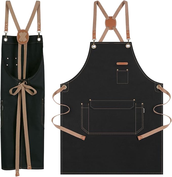 Chef Apron with Cross Back Straps for Men Women, Cotton Canvas Apron for Artists Painting, Kitchen Cooking by RockyToy