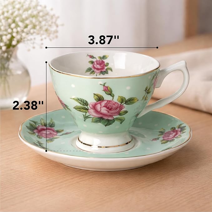 BTaT- Floral Tea Cups and Saucers, Set of 4, 8 oz, Fine Porcelain Teacup Set with Gold Trim for Afternoon Tea, Weddings, Parties & Gifting, Dishwasher Safe, Lightweight, Non-Toxic