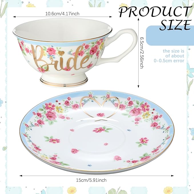 Rtteri Bride Teacup and Saucer Set 7oz Bridal Shower Teacup Porcelain Ceramic Tea Cups for Bridal Shower Tea Party Wedding Decor Victorian Elegant Coffee(Blue,Floral)