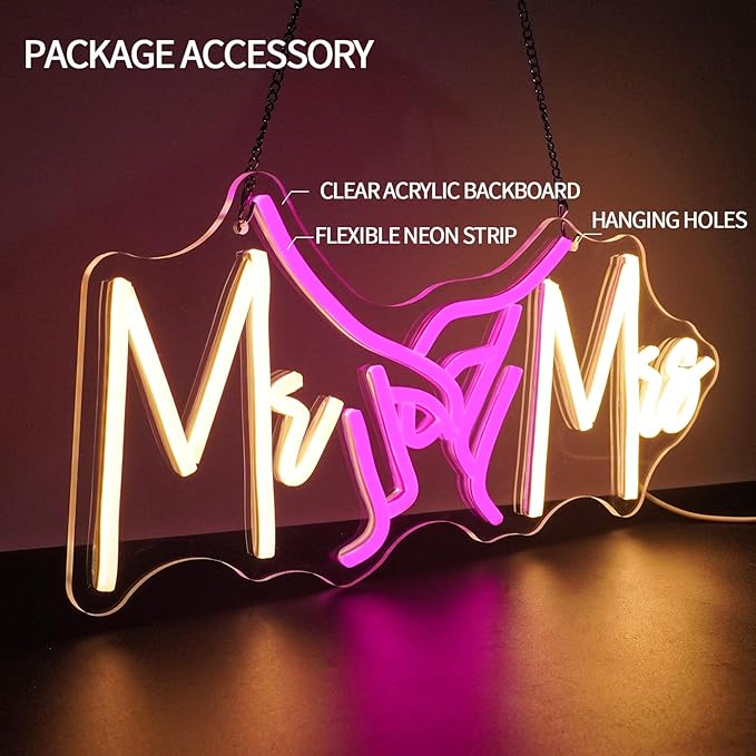 Mr and Mrs Neon Sign Dimmable for Wedding Decor Hand in Hand Neon Light Sign Mr & Miss Led Signs for Bridal Shower Anniversary Party Engagement Valentines Day Gift 16.5" x 7.8"