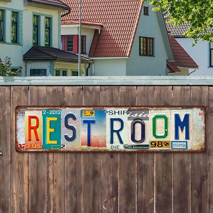 Vintage License Plate RESTROOM Sign – 16x4 Inch Rustic Tin Wall Decor for Bathroom, Guest Toilet, Washroom, Commercial Restroom or Farmhouse Style Spaces - Image 4