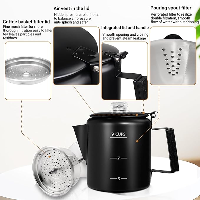 No Coating 9 Cup Percolator Coffee Pot 304 Stainless Steel Moka Pot Stovetop Espresso Maker Italian Greca Cuban Machine 1500ml 50.7oz Suitable for Gas Induction Stovetop Camping Kettle