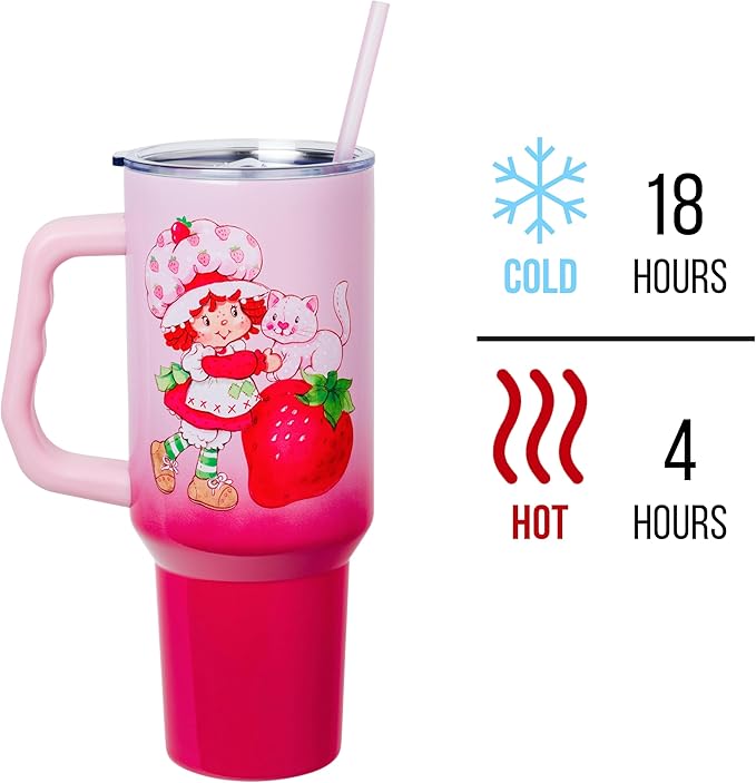Silver Buffalo Strawberry Shortcake and Custard Vintage Berry Ombre Double Walled Stainless Steel Tumbler with Handle and Straw, Fits in Standard Cup Holder, 40 Ounces