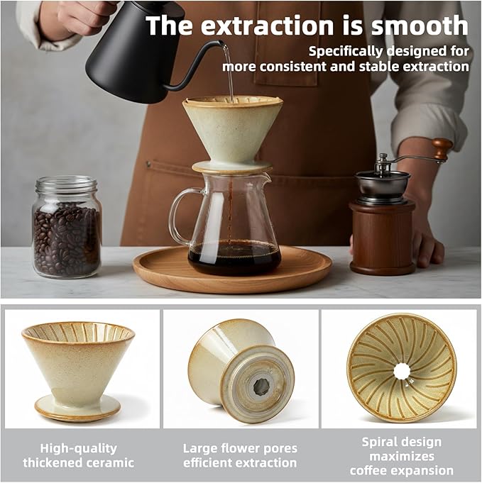 Ceramic Pour Over Coffee Dripper, Reusable Porcelain Portable Pour Over Coffee Maker, Slow Brewing Accessories with 1 Holes for Home, Office, Travel, Camping (Yellow)