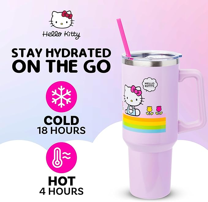 Silver Buffalo Sanrio Hello Kitty Spring and Summer Flowers Rainbow Stripes Double Walled Stainless Steel Tumbler with Handle and Straw, Fits in Standard Cup Holder, 40 Ounces