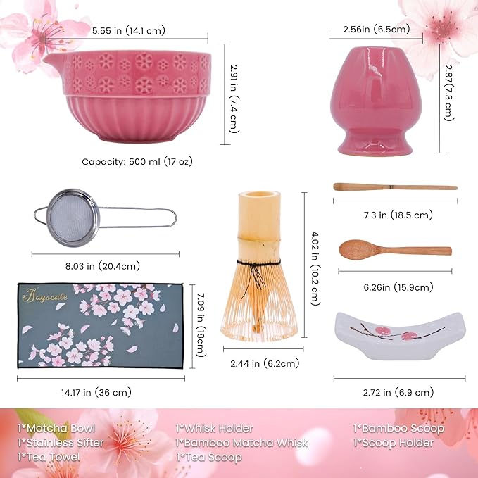 Joyscale Matcha Whisk Set, Matcha Set Whisk And Bowl, 8 Pcs Matcha Kit Set(Cherry Blossom Design), 18 OZ, Japanese Matcha Tea Set, Matcha Making Kit Gifts for Tea Lovers(Rouge Red)