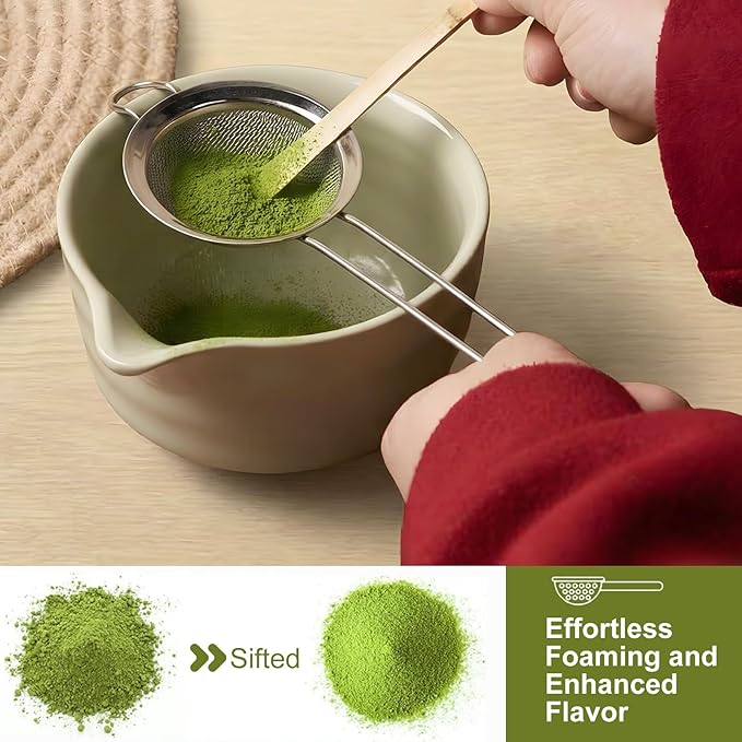 YOLIFE 7 Pcs Matcha Whisk Set, Matcha Kit for Ceremony, Includes Matcha Bowl with Spout, Bamboo Whisk (Chasen) with Ceramic Holder, Scoop, Powder Spoon and Sifter (Matcha Green)