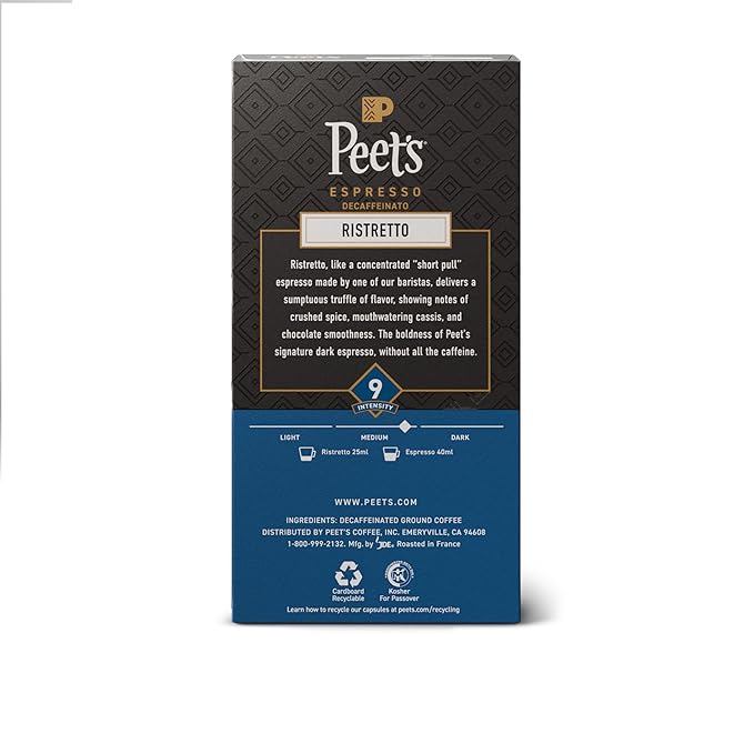 Peet's Coffee, Medium Roast Decaf Espresso Capsules, Compatible with Nespresso Original Machine, Decaffeinated Arabica Coffee - Decaf Ristretto Intensity 10, 50 CT (5 Boxes of 10 Espresso Capsules)