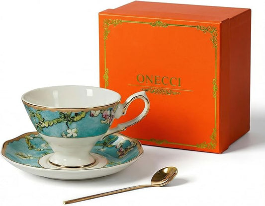 Exquisite Bone China Tea Cups and Saucer Set – Elegant Porcelain Tea Cups, Beautifully Detailed for Tea Lovers, Gift-Ready for Christmas, Hostess, Holiday Gift & Fall Decor