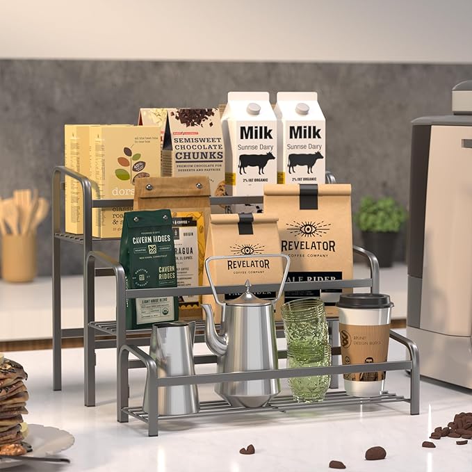 DTUQYX Coffee Syrup Organizer 3-Tier, 12 Bottles Capacity Coffee Syrup Rack,Metal Syrup Stand for Spice, Wine, Liquor, Bottle, Coffee Bar Station Racks Magnetic, No Installation,Grey