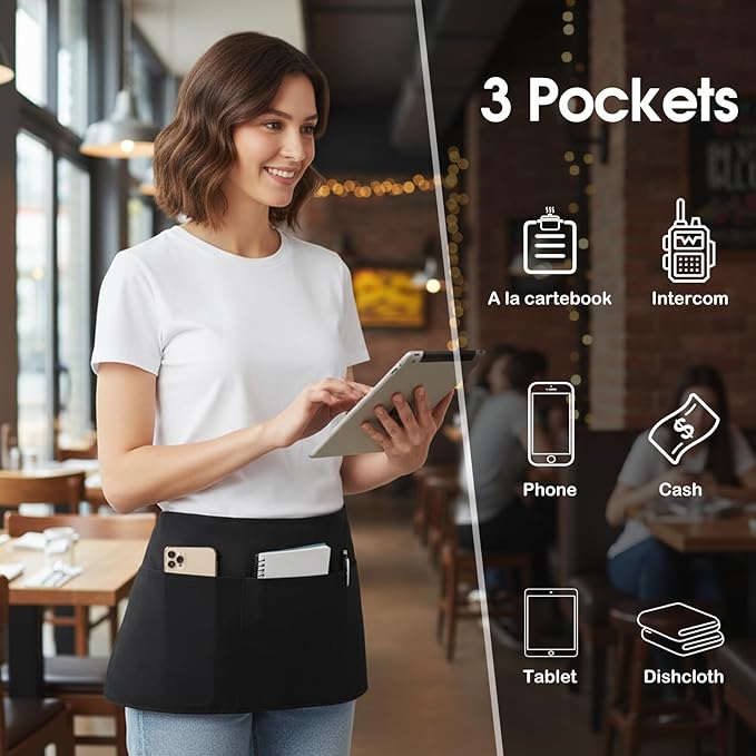 BOHARERS 3-Pocket Waist Apron With Red And White Plaid Shoulder Straps - Black Waitress Waiter Server Short Aprons