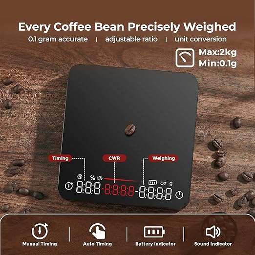 Mini Coffee Scale with Timer, USB-C Rechargeable Espresso Scale 2kg/0.1g High Precision Scale for Espresso & Pour-Over Coffee, Auto Timing, Water Ratio, Portable Digital Coffee Scale (Black)