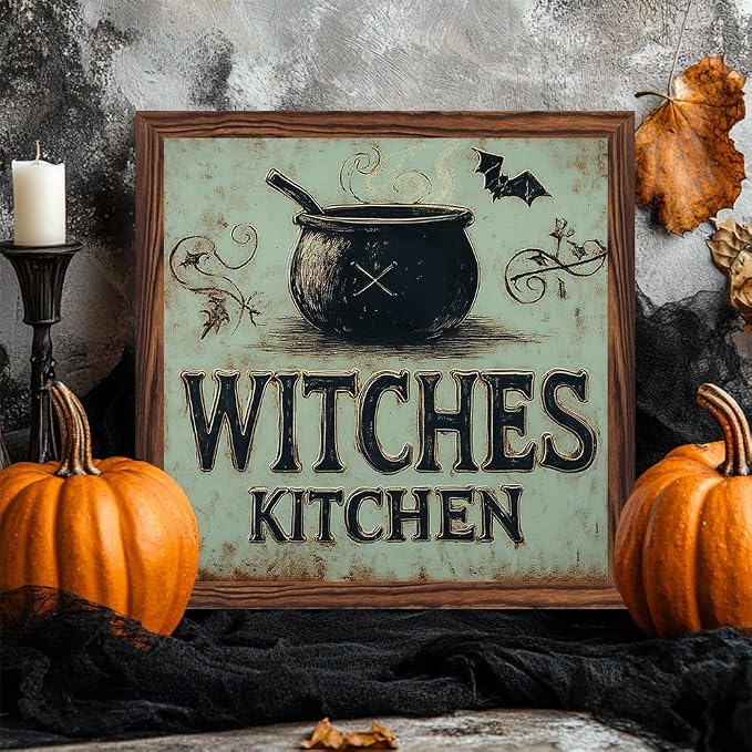 Vintage Witches Kitchen Wooden Sign, With Frame Witch Cauldron, Bats Elements Decorative Sign for Bedroom, Kitchen, Cafe, Bar Wall Decor, Halloween Decor 7.87x7.87 Inch - Image 2