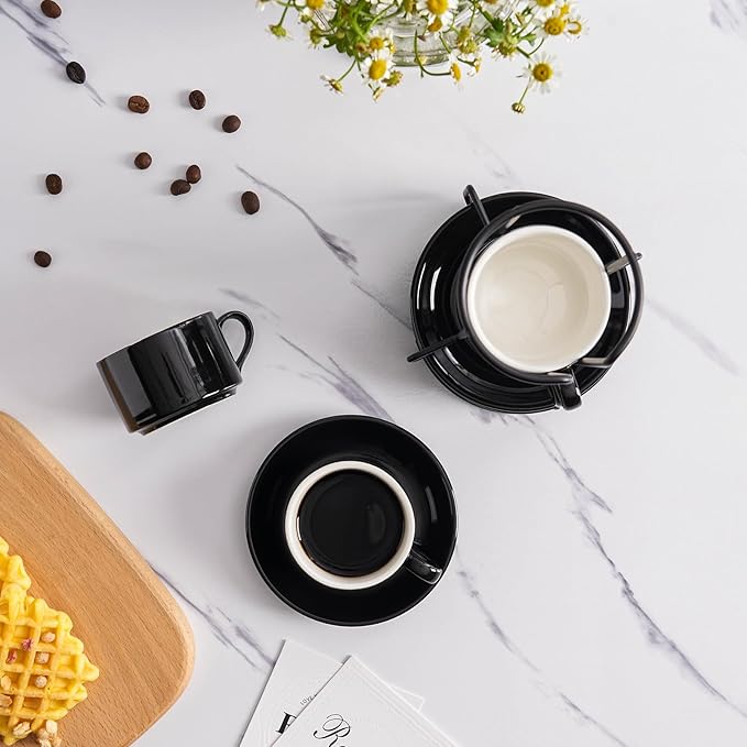 4oz Porcelain Stackable Espresso Cups with Saucers and Metal Stand Set of 4, Stackable Espresso Cups Set of 4, Black Expresso Shots Cup Set for Coffee Drinks, Cappuccino Latte, Americano, Tea
