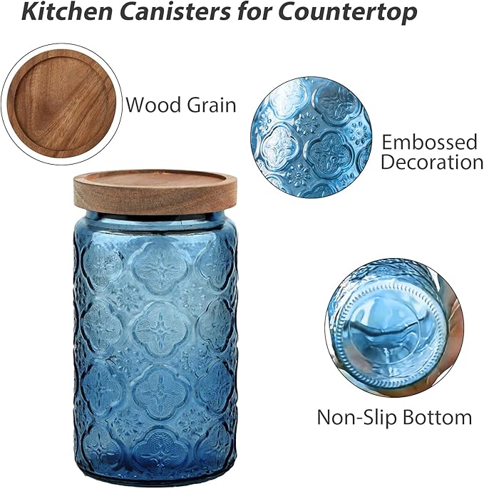 Glass Jar with Lid, Vintage Glass Storage Jars with Airtight Lid Coffee Canister Sugar Container for Kitchen Counter Pantry, Spice, Candy, Coffee Beans, Tea, Oats (34FL OZ Begonia Blue)