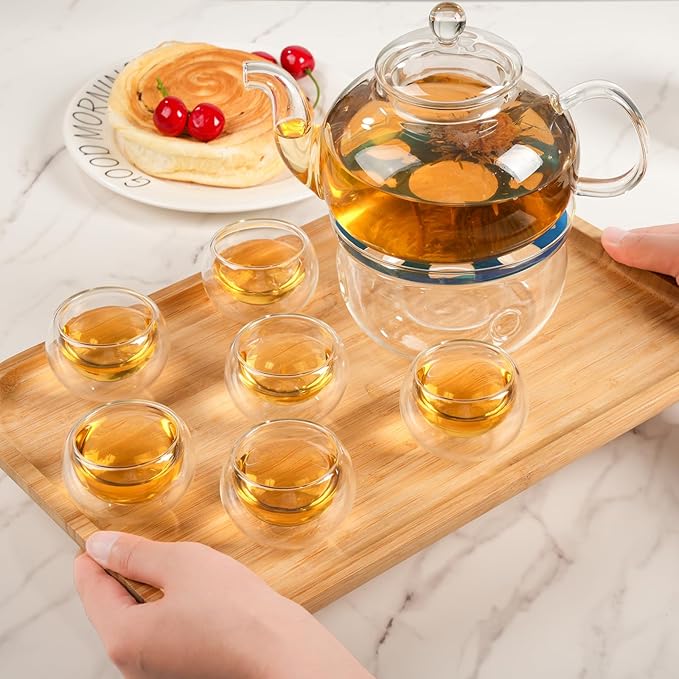 Glass Teapot Set, 27OZ/800ML Stovetop Safe Glass Tea Kettle with 6 Small Double Wall Tea Cups & Loose Tea Infuser & Tea Warmer, Microwave & Dishwasher Safe Tea Maker, Blooming Tea Gift Set