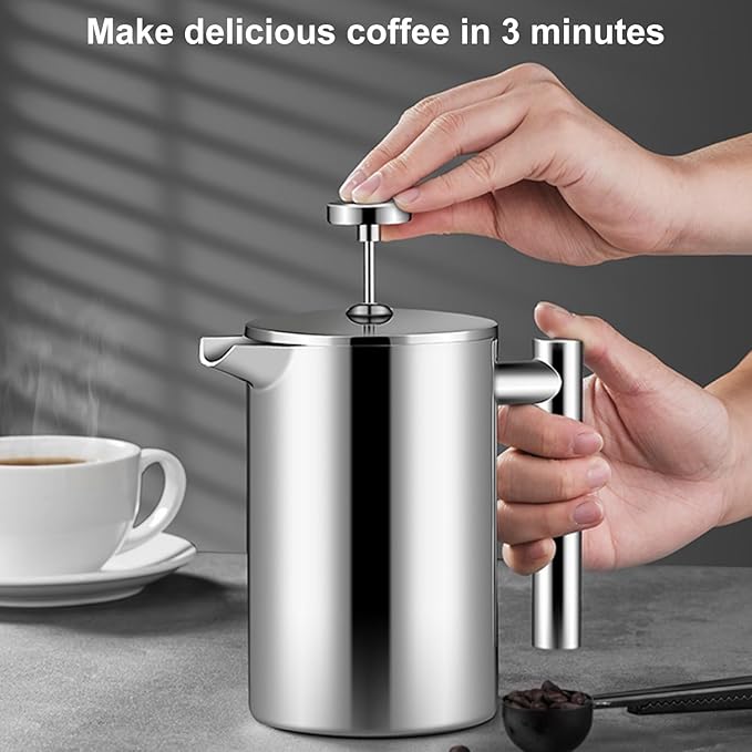 Enfmay 1000ml French Press Coffee Maker, 304 Stainless Steel Double Wall Insulated Coffee Maker Pot, Triple Filtration System for Optimal Brew, Coffee Tea Maker for Home, Office, Camping