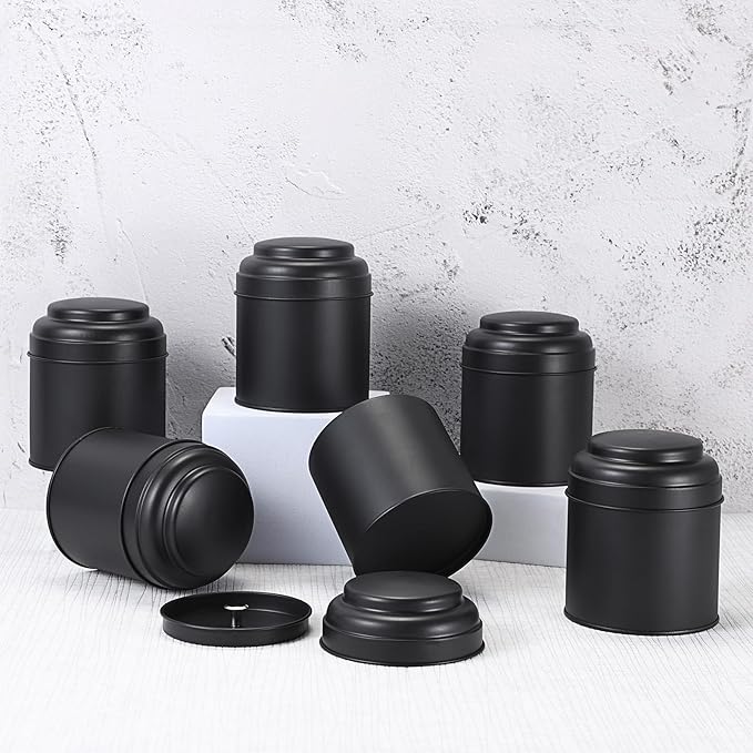 JUXYES 6 Pack Tea Tins Canister with Airtight Double Lids, 8 fl oz Loose Leaf Tea Storage Airtight Kitchen Canisters Tins Can Box for Storage Loose Tea Coffee Herbs and Spices, Black