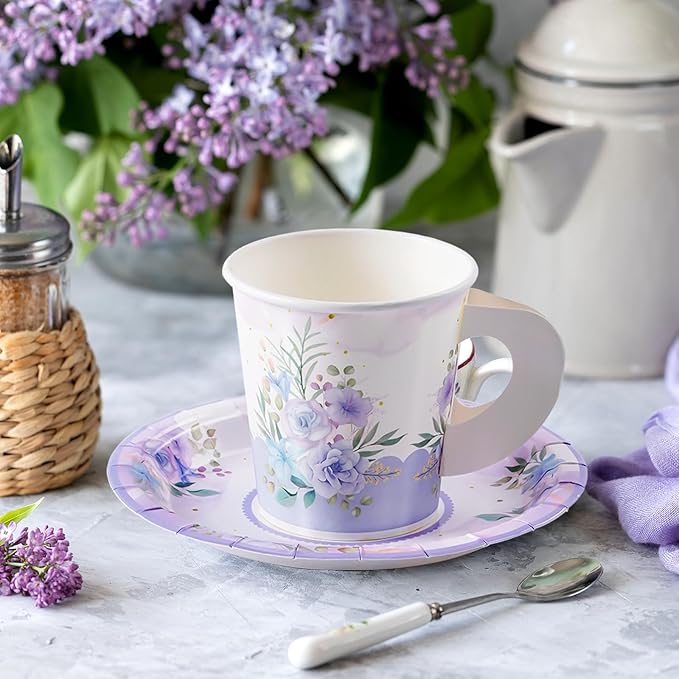 HOMIX 24 Paper Tea Cups and Plates, 7 OZ Disposable Paper Teacups and Saucer Sets for Hot and Cold Drinks for Birthday, Princess, Floral, Tea Party Decorations