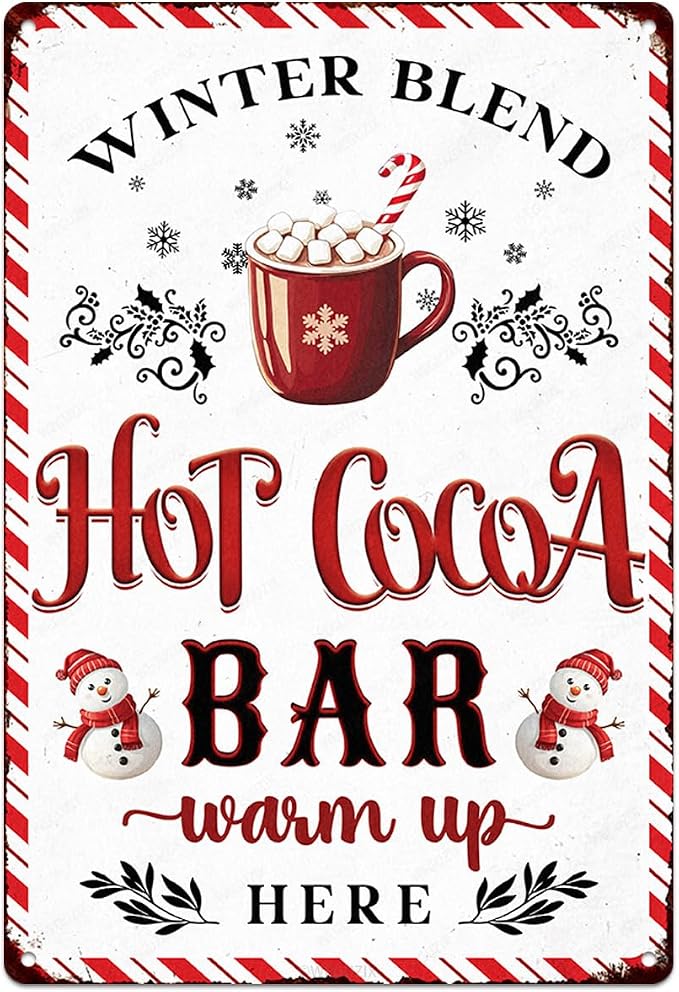 Christmas Signs Home Decor Vintage Art Poster Metal Hanging Plaque Kitchen Cafe Bar Farmhouse Porch Yard Outdoor Indoor Decorations Funny Xmas Gift 8X12 Inch (Hot Cocoa Bar Sign) by WEGUZIX