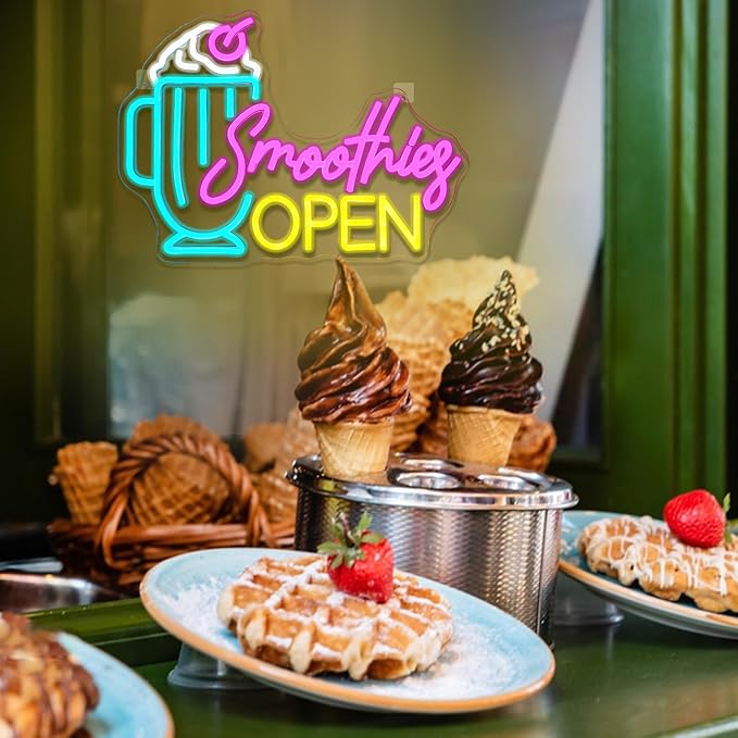Smoothies Open Neon Sign Dimmable Frozen Fruit Smoothie Neon Light Sign for Business Bar Decor Letters Ice Cream Led Signs for Beverage Dessert Shop Party Pub Cafe Room Decor Gift 16.5" x 10"