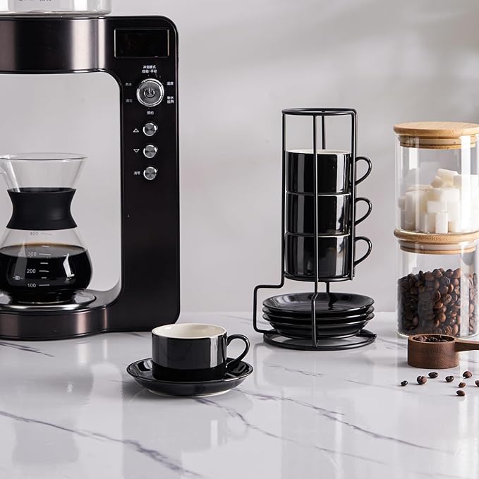 4oz Porcelain Stackable Espresso Cups with Saucers and Metal Stand Set of 4, Stackable Espresso Cups Set of 4, Black Expresso Shots Cup Set for Coffee Drinks, Cappuccino Latte, Americano, Tea