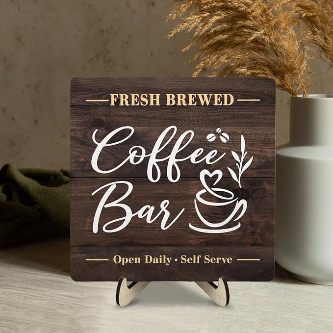 Coffee Bar Sign Plaque, Rustic Wooden Tabletop Plaque with Stand, Vintage Farmhouse Café Counter Sign for Kitchen Coffee Station, Fresh Brewed Mini Bar Decor 5.9x5.9inch