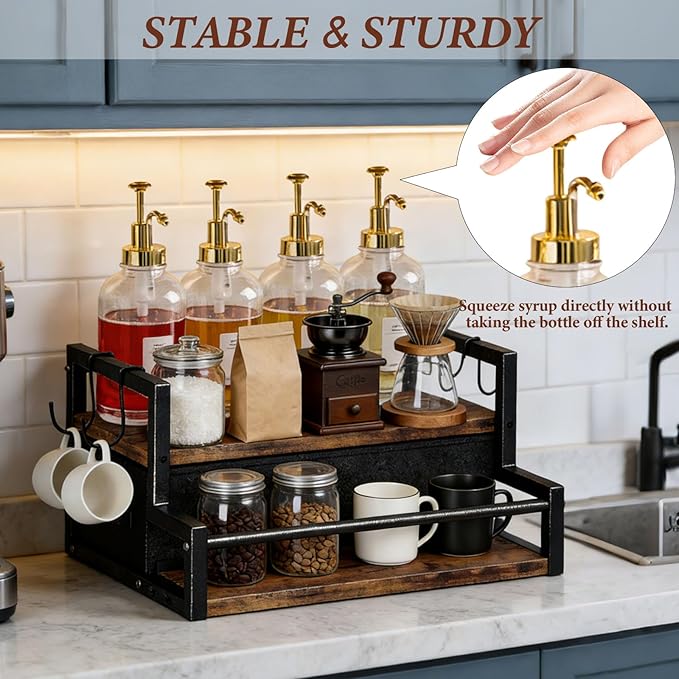 2-Tier Coffee Syrup Organizer Rack, Holds 12 Bottles Syrup Rack with Coffee Capsules Storage Drawer, Kitchen Countertop Organizer for Coffee Bar Station, Home, Wine Rack