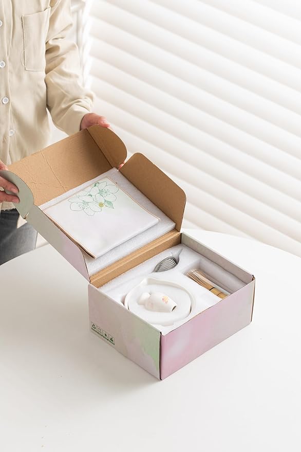 Matcha Tea Set with Plum Blossom Ceramic Bowl, Fine Mesh Strainer and Bamboo Scoop, Traditional Japanese Matcha Accessories for Home Tea Ceremony.